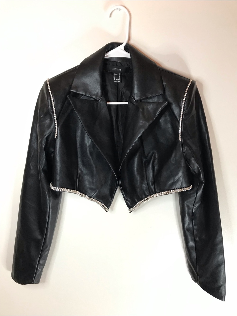 Forever 21 Black Faux Leather Cropped Jacket Rhinestone Trim Moto Chic